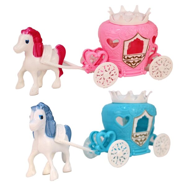 Pferd mit Kutsche Spielzeug rosa & blau - ca. 21 cm