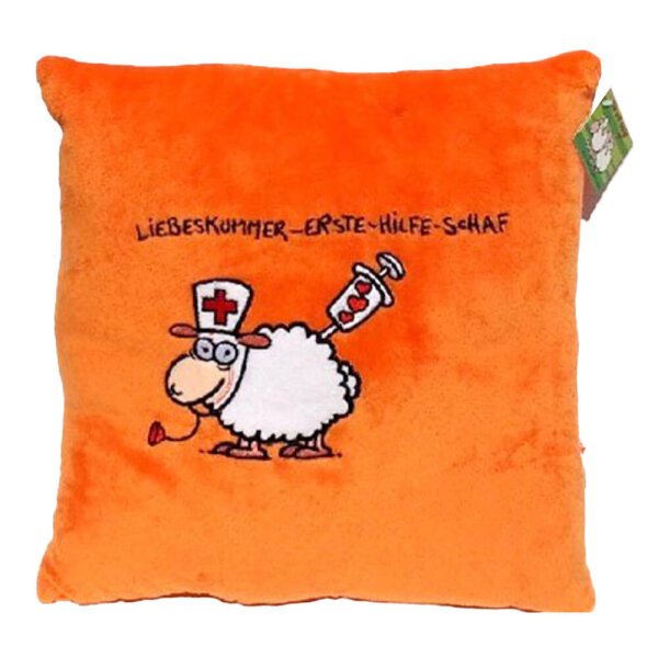 Kissen "Jan" mit Spruch "Liebeskummer-Erste-Hilfe-Schaf", orange, Plüsch, 30 cm
