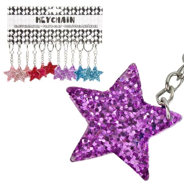 Sterne an Schl&uuml;sselkette mit Glitzer in 3 verschiedenen Farben hellblau, lila, rot und rosa. Auf ein