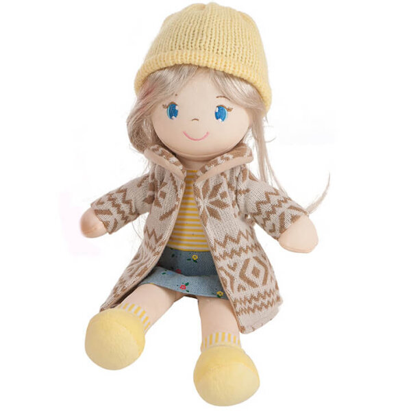 Gelbe Puppe mit Schuhe, Kleid, Mantel & Mütze im Karton