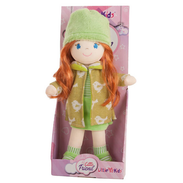 Grüne Puppe mit Schuhe, Kleid, Mantel & Mütze im Karton
