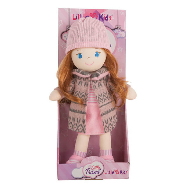 Rosa Puppe mit Schuhe, Kleid, Mantel & Mütze im Karton