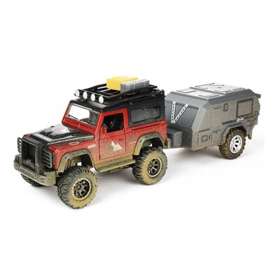 Spielzeug Geländewagen mit Wohnwagen-Anhänger und Friktionsmotor - ca. 9 - 13 cm