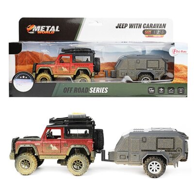 Spielzeug Jeep mit Wohnwagen-Anhänger und Friktionsmotor - ca. 9 - 13 cm