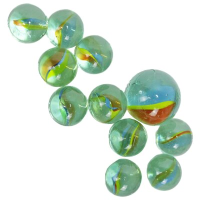 Murmeln im Netz aus Glas zum Spielen - inkl. 11 Murmeln