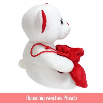 Weißer Teddybär klein mit rotem Sack zum Befüllen - ca. 19 cm