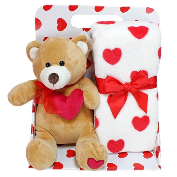 Valentinstag Geschenk Teddy mit Herz und Kuscheldecke im Set