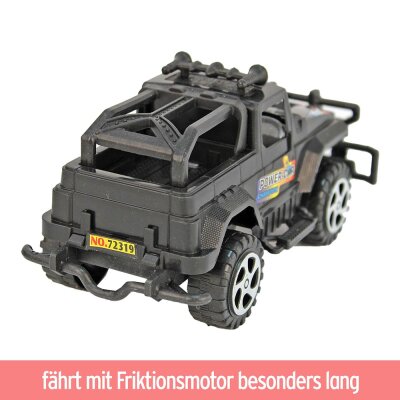 Schwarzes Geländewagen Spielzeugauto mit Friktionsmotor